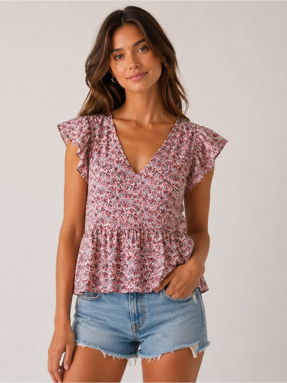 Abercrombie & Fitch Floral V-Neck Ruffle Hem Top Size Small